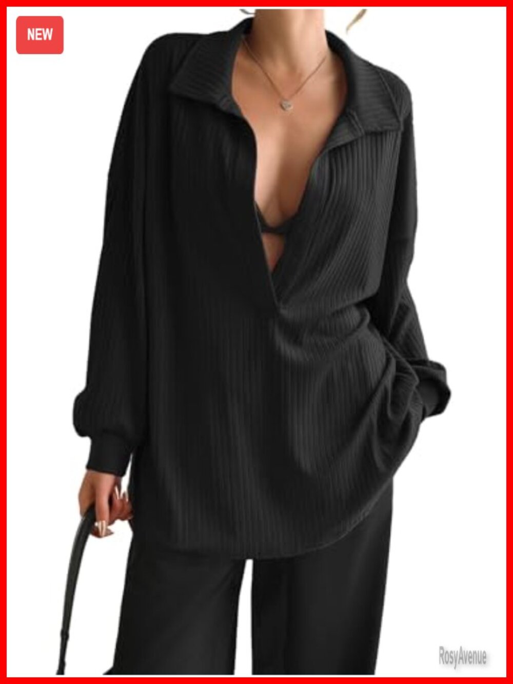 Oversized Deep V Neck Ribbed Knit Pullover Sweatshirt Collared Long Sleeve Top